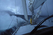 Sariyah, in strong onshore winds and a heavy swell, the staysail alone is sufficient to keep the boat moving whilst heading down the coast of Chile towards Cape Horn.