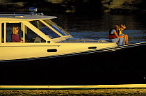 Kids sitting on the bow of a Pearson True North 38 motorboat while out cruising with their family. Narragansett Bay, Rhode Island, New England, USA. Model released.