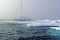 Dangerous conditions for 88ft sloop "Shaman", cruising through ice and fog in Spitsbergen, Svalbard, Norway, 1998.