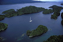 88ft yacht "Shaman" anchored among the islands of Fiordland, South island, New Zealand.