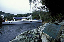 88ft sloop "Shaman" enters Pickersgill Harbour where Captain James Cook landed with the "Resolution" in 1773. South Island, New Zealand. 2001