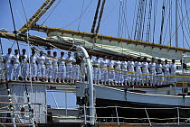Tall ship cadets lined up in Newport, Rhode Island, USA.