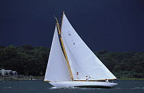 Herreshoff Sloop, NY 30 "Amorita" during a squally day at the Museum of Yachting's annual regatta in Newport, Rhode Island, USA. 2000