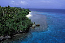 Coastline of Vava'u, Tonga, Pacific Ocean Islands as seen from the masthead of an 88' sloop. 2000