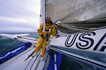 Steve Fossett aboard trimaran "Lakota" off Newport, Rhode Island, USA.