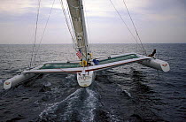 Steve Fossett sailing trimaran "Lakota" off Newport, Rhode Island, USA.