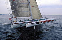Steve Fossett sailing trimaran "Lakota" off Newport, Rhode Island, USA