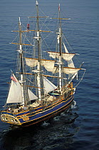Tall Ship "Bounty" motoring in calm conditions off Newport, Rhode Island, USA