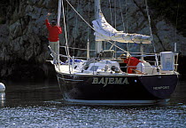 The bowman sending hand signals to helmsman while anchoring in Brenton Cove, Newport, Rhode Island, USA.
