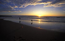 Children running along a beach at sunset on the western shores of South Africa.