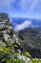 Rugged cliffs below the cable car and station at the summit of Table Mountain, Cape Town, South Africa.