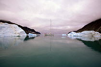 88 foot sloop "Shaman", amongst icebergs and a pink cloudy sky in Spitsbergen, Svalbard, Norway, 1998.