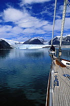 The superyacht "Sariyah" exploring the end of a glacier in the southern fjords of Chile. Property Released.