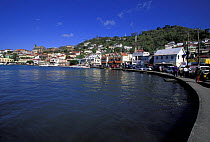 Waterfront buildings lining the curved shore of St Georges harbour, Grenada, Caribbean.
