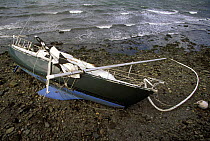 A yacht with a broken mooring chain washed ashore during a storm off Newport, Rhode Island, USA.