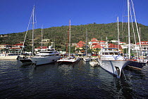 Yachts moored in the harbour of Gustavia, Saint Barts, Caribbean.