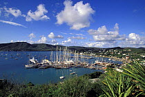 Boats moored in Falmouth Harbour during the Antigua Classic Yacht Regatta, Antigua, Caribbean.