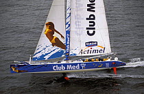 The Maxi Cat "Club Med" lifts a hull during sail trials off New York, USA