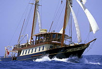 Old steam-boat "Atlantide" sailing off Antigua, Caribbean. The yacht has been restored for Tom Perkins, ^^^ the San Franciscan owner of the Herreshoff schooner Mariette.