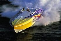 Outerlimits high speed powerboat with big wake.