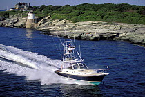 Little Harbor whisper jet powerboat with tuna fishing tower, Rhode Island, USA