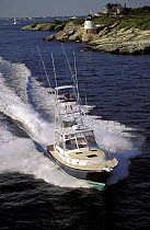 Little Harbor whisper jet powerboat with tuna fishing tower. Rhode Island, USA