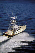 Little Harbor whisper jet powerboat with tuna fishing tower. Rhode Island, USA