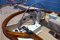 Immaculate varnish and detail in the cockpit of 140ft superyacht "Rebecca".