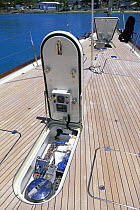 Anchor windlass in the deck locker of teak decked 140ft superyacht "Rebecca".