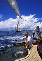 Crew membee trimming the jib on a superyacht racing in the St.Barths Bucket, Caribbean.