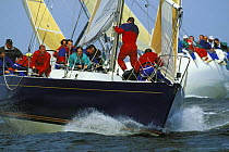 Approaching the weather mark as the crew prepare to set the spinnaker, Newport, Rhode Island, USA.