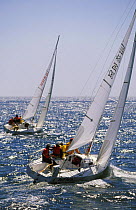 J80s racing upwind off Newport, Rhode Island, USA.