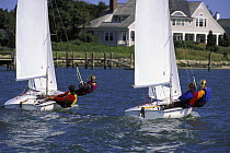 Two 420 club racers at Cape Cod, Massachusetts, USA