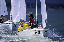 Dinghy fleet being towed in after racing at the 420 Youth worlds, Newport, Rhode Island, USA