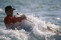 Europe dinghy sailor Kelly Hand hiking-out in white water, Canadian Olympic trials in Miami, Florida, USA. Model Released and Property Released.