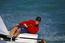 Europe dinghy skipper Kelly Hand hiking-hard in the spray during Canadian Olympic trials in Miami, Florida, USA