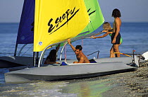 Escape dinghies being rigged on the beach in Florida, USA.