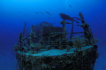 Diver on Prince Albert wreck, intentionally sunk in the mid-eighties, Roatan, Honduras. Model released.