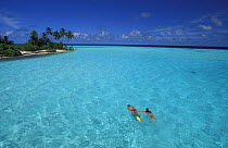 People snorkeling in clear water, Maldives.
