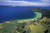 Aerial view of a beach between Hobart and the Tasman peninsula, Tasmania, Australia.