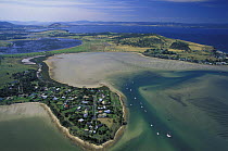 Aerial view of the coastline near Hobart, Tasmania, Australia.