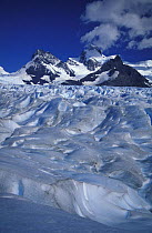 View across the top of the Perito Moreno glacier with Andean mountains in the backgound, Los Glaciares National Park, Argentina, Patagonia