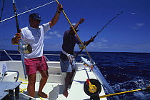 Two men fishing from a boat, one catching a Wahoo (Acanthocybium solandri), La Réunion, Indian Ocean.