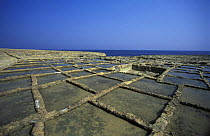Salt pans dug in rock, the production of sea salt has a long tradition on the Mediterranean island of Gozo. Marsalforn, Gozo, Malta