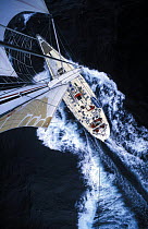 View from the masthead of "Drum" as she sails during the Whitbread Round the World Race, 1985.
