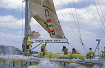 "Merit Cup" tears her main at the finish of the Whitbread Race leg to Auckland, 1997.