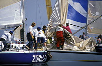 ^Zurich^ and ^Relax^ collide at speed during close racing at the One Ton Cup, 1991.