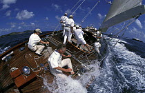 Crew getting wet on "Velsheda" at Antigua Classics, 1999. ^^^ It is not unusual for the crew to get a soaking with the low freeboard.