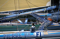 Florence Arthaud is dwarfed by her massive F1 trimaran "Pierre 1er", Ostar Race. She capsized during the race.