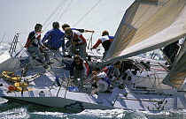 Crew climb up to the windward rail after a tack aboard "Amsterdamed", Dutch competitor for the Admiral's Cup, 1989.